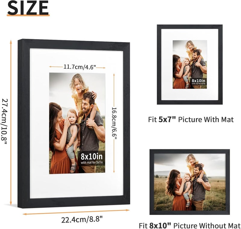 ATOBART 4PK - 8x10 Oak Solid Wood Picture Frame with Shatter-Resistant HD Plexiglass - Use as 5x7 Frame with Mat or Display 8x10 Photo Without Mat- Picture Frames for Tabletop and Wall - Black - Image 4