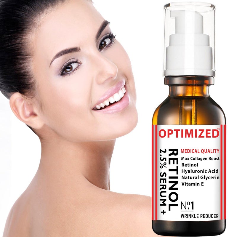 OPTIMIZED Retinol Serum 2.5% with Hyaluronic Acid, Glycerin, Vitamin E - Reduce Wrinkles, Fine Lines, Even Skin Tone, Sun Spots, Age Spots - Boost Collagen Production 1 fl oz - OPTIMIZED LAB Guaranteed - Image 4