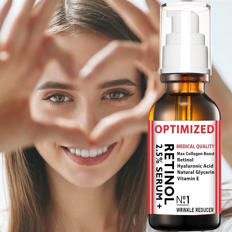 OPTIMIZED Retinol Serum 2.5% with Hyaluronic Acid, Glycerin, Vitamin E - Reduce Wrinkles, Fine Lines, Even Skin Tone, Sun Spots, Age Spots - Boost Collagen Production 1 fl oz - OPTIMIZED LAB Guaranteed - Image 2