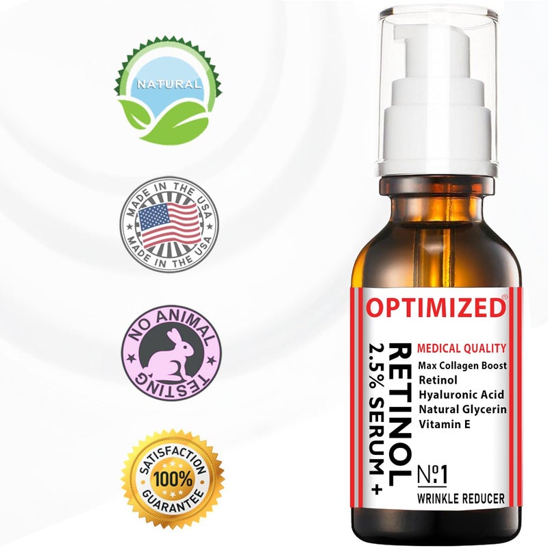 OPTIMIZED Retinol Serum 2.5% with Hyaluronic Acid, Glycerin, Vitamin E - Reduce Wrinkles, Fine Lines, Even Skin Tone, Sun Spots, Age Spots - Boost Collagen Production 1 fl oz - OPTIMIZED LAB Guaranteed - Image 5