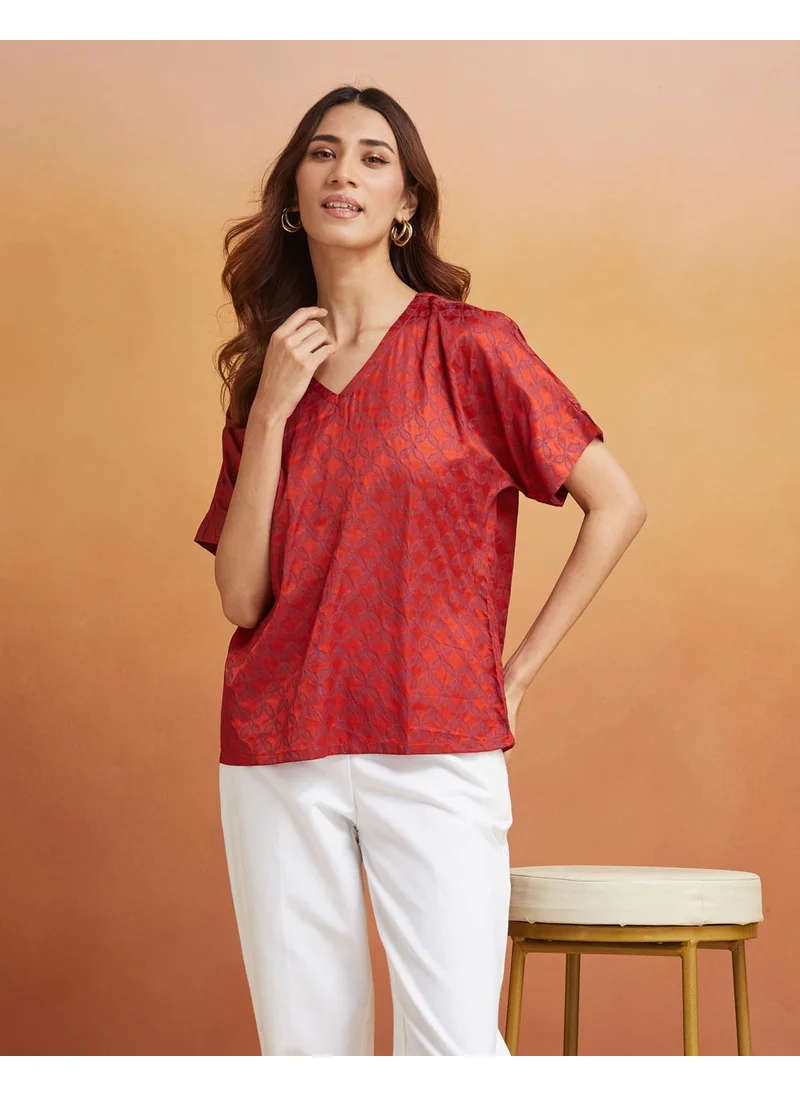 Fabindia Red Viscose Blend Printed Top