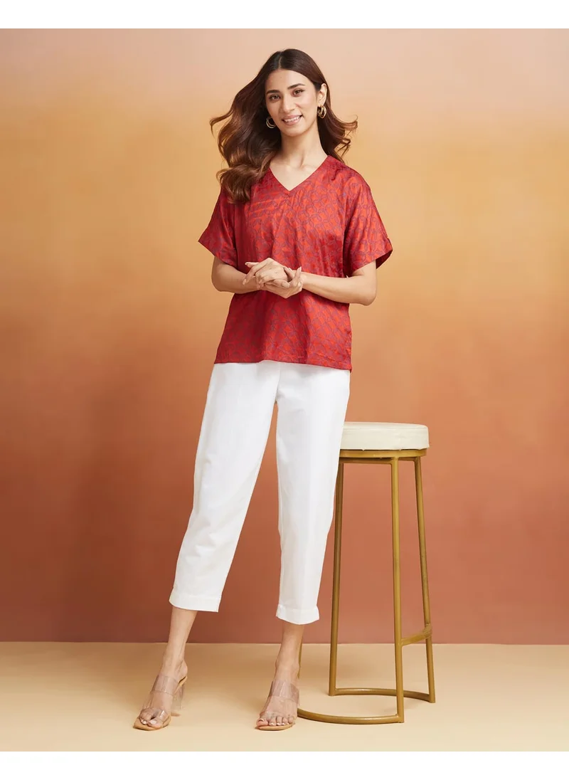 Fabindia Red Viscose Blend Printed Top