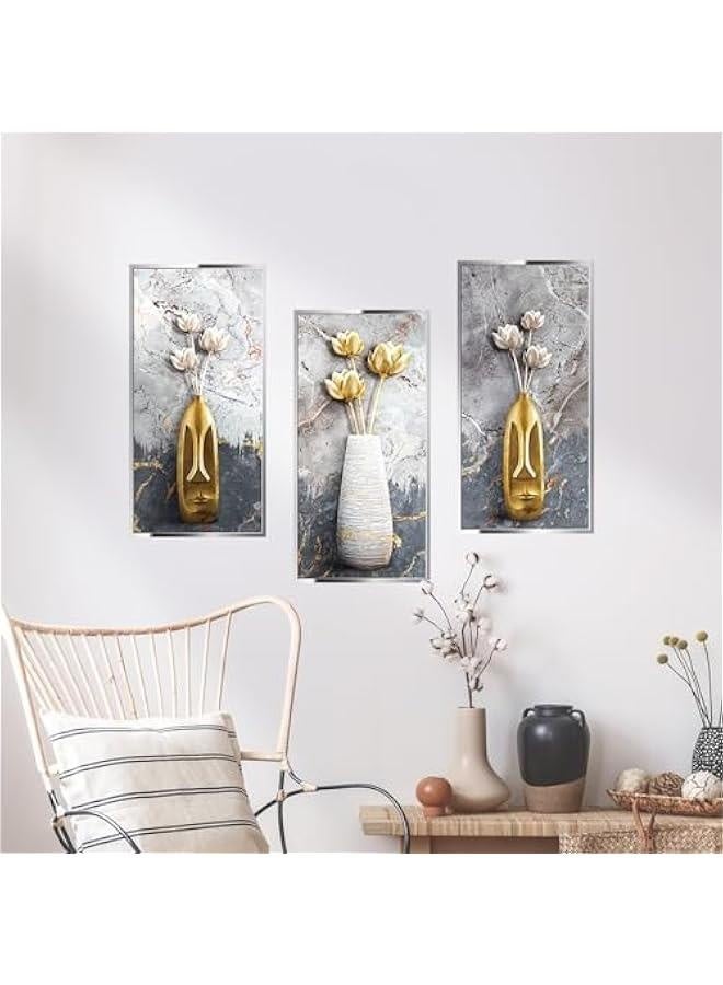 3D Vase Lotus Wall Stickers, Frameless Self Adhesive Wall Art Decor Set of 3, 3D Vinyl Wall Art Sticker Home Decor Wall Posters & Prints for Aisle Stairs Wall Living Room Sofa Backdrop 11.8x23.6  - Image 2