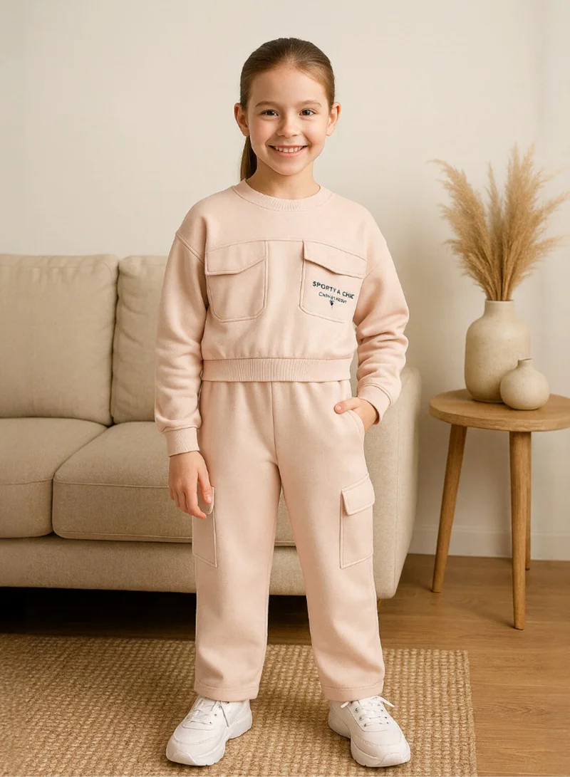 victor and jane Girls Cargo Pocket Fleece Tracksuit – Pink 2-Piece Set