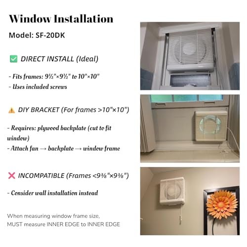 SAILFLO 9.5 x 9.5 Inch Cutout Window Shutter Exhaust Fan with Reversible Airflow, 300CFM 30W Wall-Mounted Quiet Ventilation Fan Air Intake Extractor for Bathroom Home Bedroom Attic, φ8 Inch Impeller - Image 3