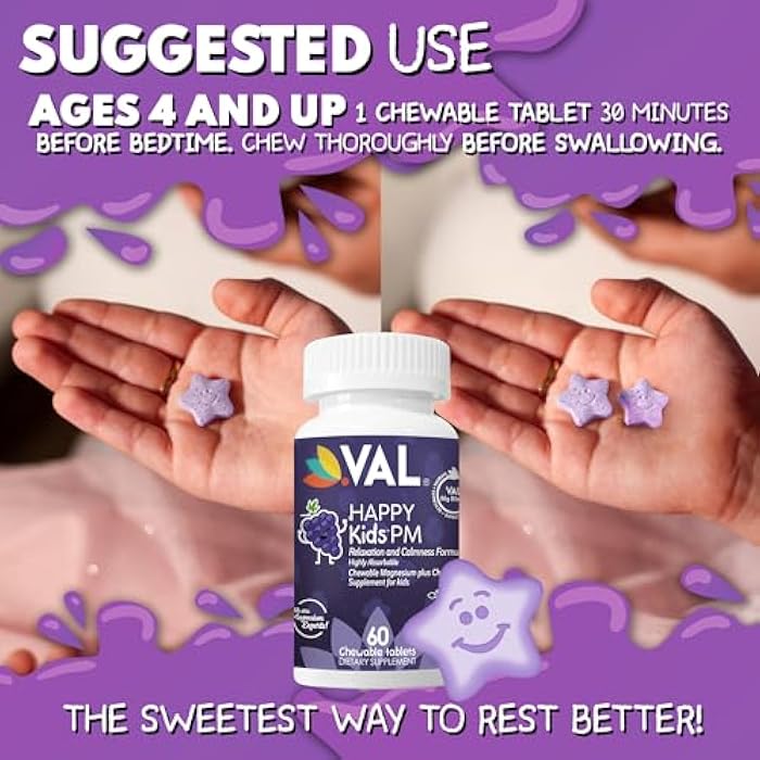 VAL Kids PM Magnesium Gummies | Sugar-Free Chewable Tablets with Chamomile, Magnesium Glycinate + Citrate + Taurate | Vitamin B6 & C | Natural Grape Flavor | Sleep & Calm Support | 60 Ct | Ages 4+ - Image 5