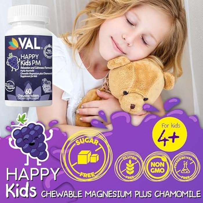 VAL Kids PM Magnesium Gummies | Sugar-Free Chewable Tablets with Chamomile, Magnesium Glycinate + Citrate + Taurate | Vitamin B6 & C | Natural Grape Flavor | Sleep & Calm Support | 60 Ct | Ages 4+ - Image 4