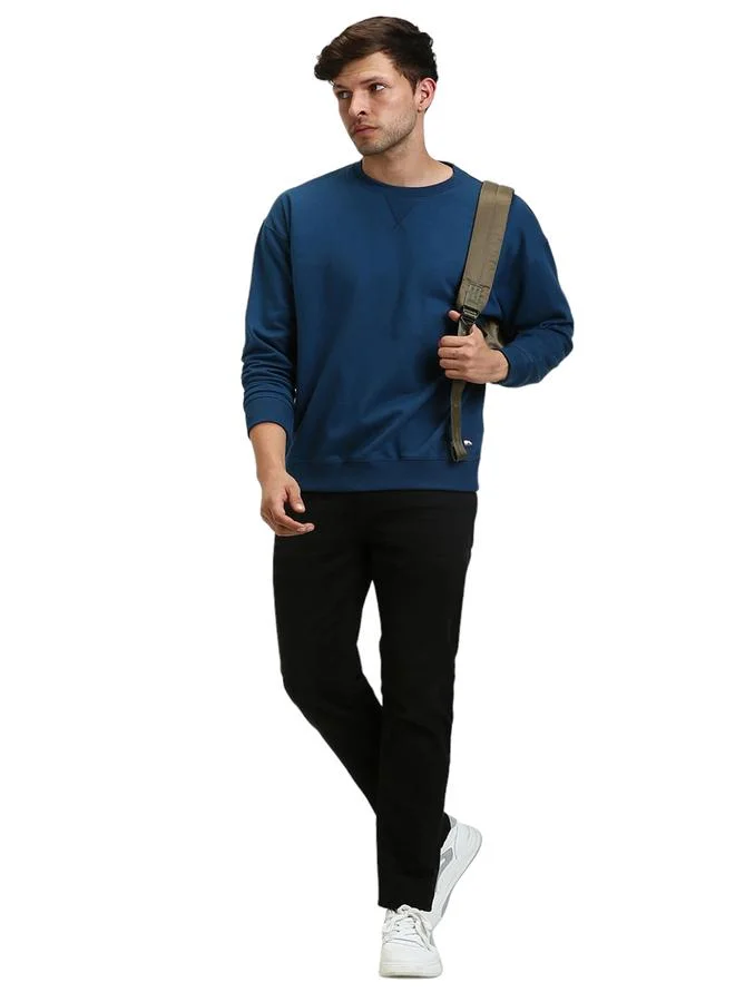 Dennis Lingo Regular Fit Blue Solid Round Neck Sweatshirt for Men - Polycotton, Full Sleeves
