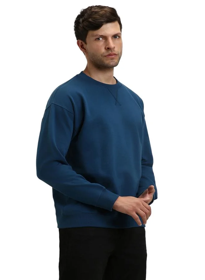 Dennis Lingo Regular Fit Blue Solid Round Neck Sweatshirt for Men - Polycotton, Full Sleeves