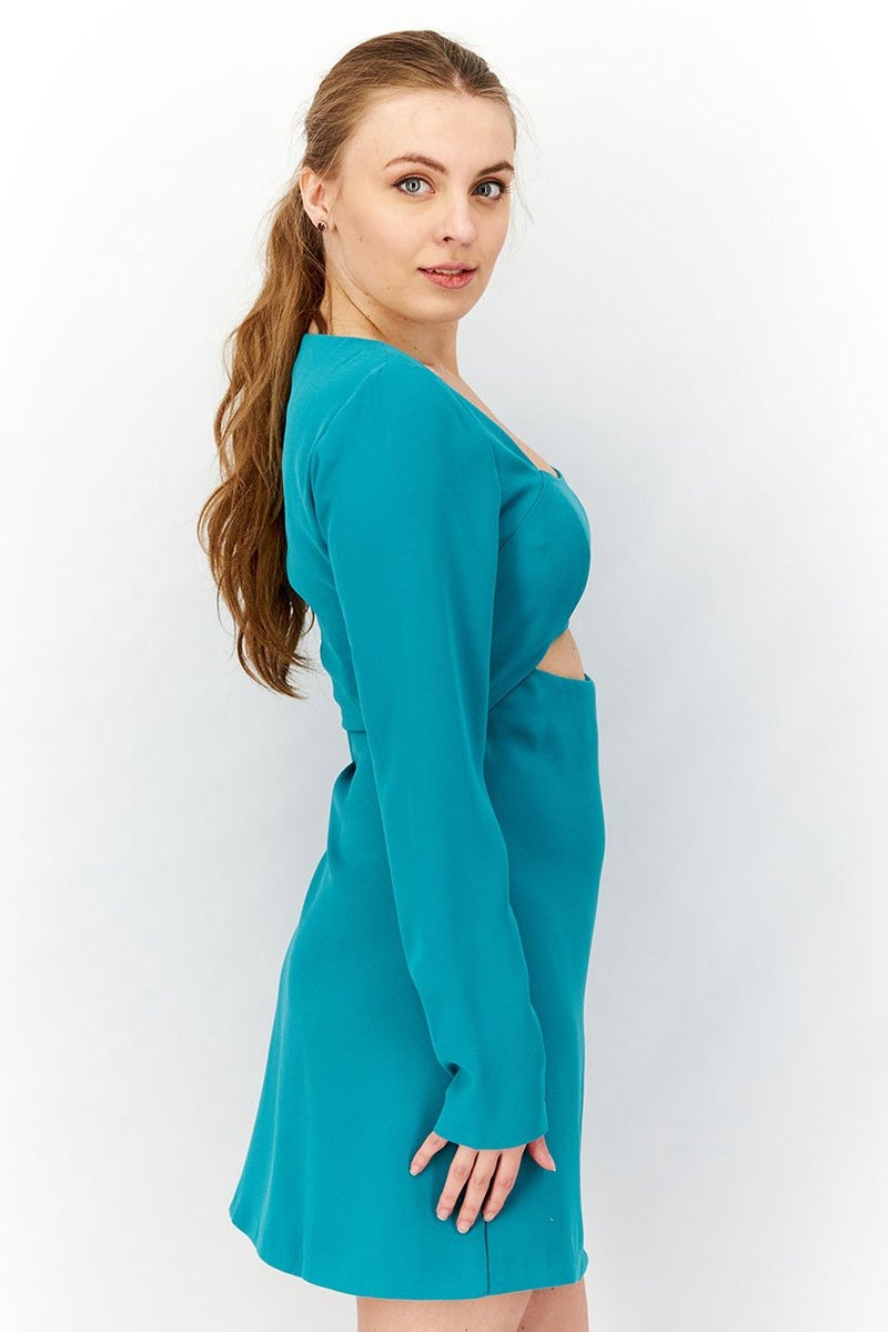 NA-KD Women Squared Neckline Long Sleeve Plain Cut Out Mini Dress, Teal - Image 3