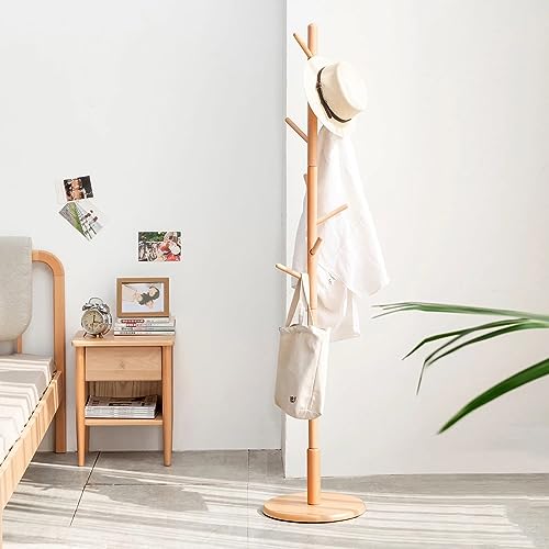 HOME CUBE Wooden Coat Hanger With 8 Hooks Coat Stand,Free Standing Tree Shaped Pine Wood For Coats Hats Scarves Clothes Handbags Round Base Bracket For Living Room & Entryway,Beige,35x35x167 cm - Image 1
