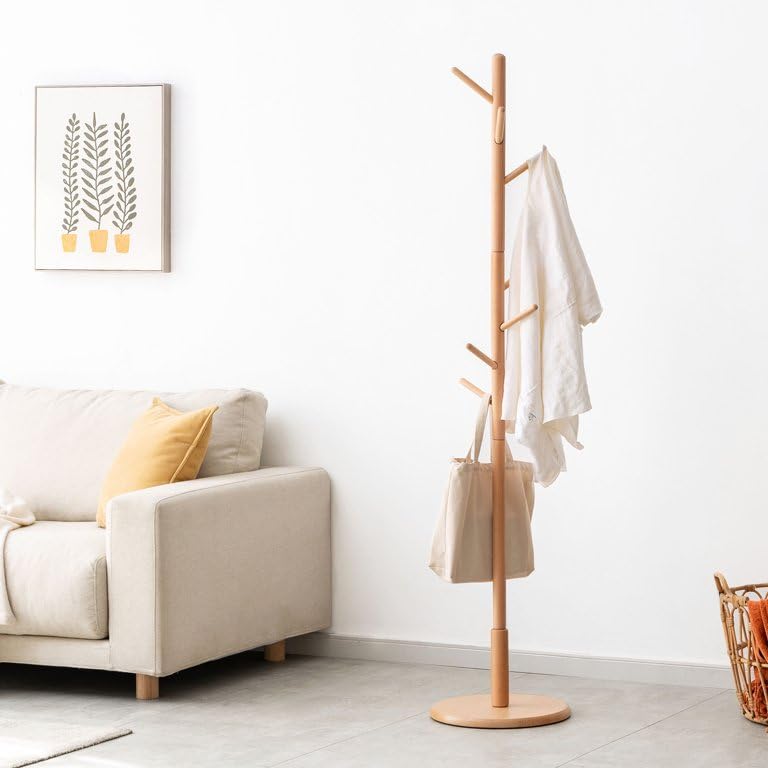 HOME CUBE Wooden Coat Hanger With 8 Hooks Coat Stand,Free Standing Tree Shaped Pine Wood For Coats Hats Scarves Clothes Handbags Round Base Bracket For Living Room & Entryway,Beige,35x35x167 cm - Image 2