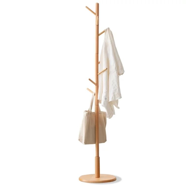 HOME CUBE Wooden Coat Hanger With 8 Hooks Coat Stand,Free Standing Tree Shaped Pine Wood For Coats Hats Scarves Clothes Handbags Round Base Bracket For Living Room & Entryway,Beige,35x35x167 cm - Image 5