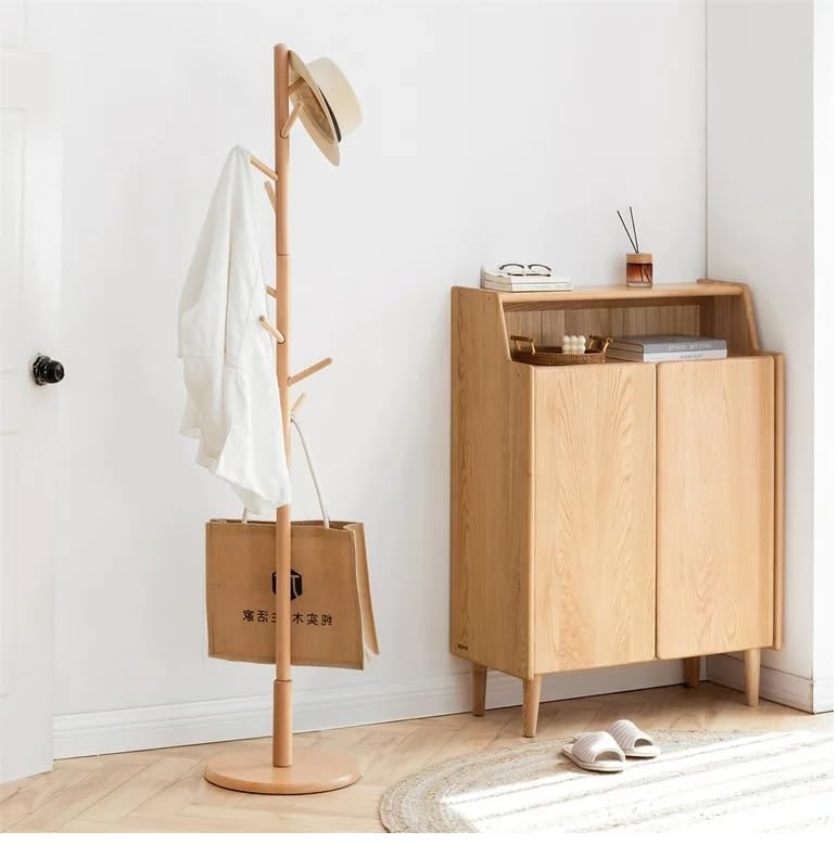 HOME CUBE Wooden Coat Hanger With 8 Hooks Coat Stand,Free Standing Tree Shaped Pine Wood For Coats Hats Scarves Clothes Handbags Round Base Bracket For Living Room & Entryway,Beige,35x35x167 cm - Image 3