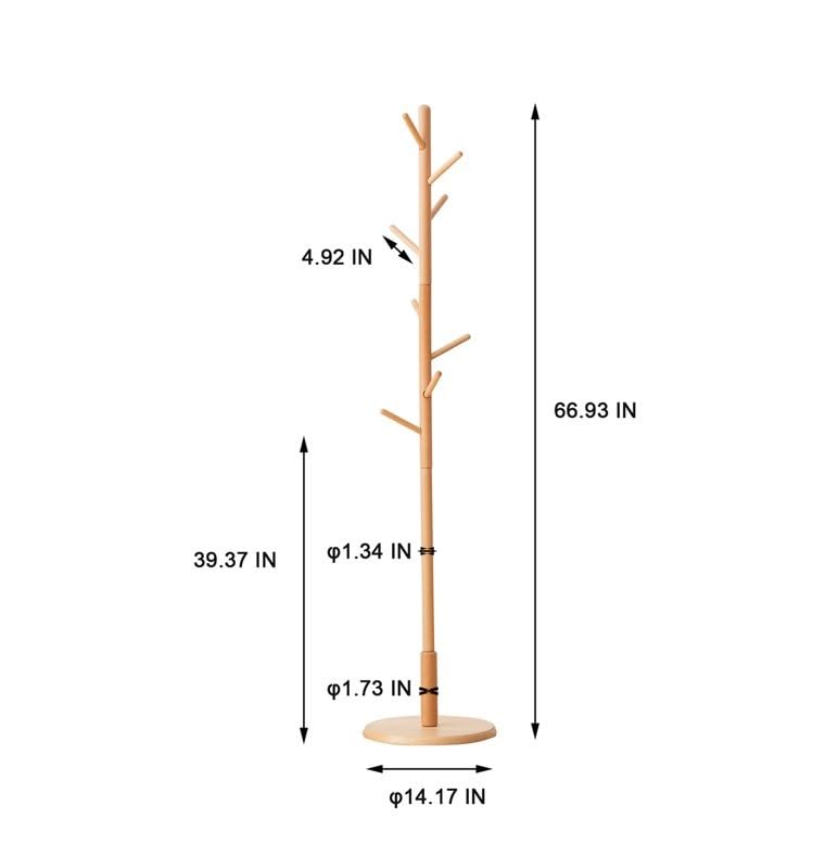 HOME CUBE Wooden Coat Hanger With 8 Hooks Coat Stand,Free Standing Tree Shaped Pine Wood For Coats Hats Scarves Clothes Handbags Round Base Bracket For Living Room & Entryway,Beige,35x35x167 cm - Image 4