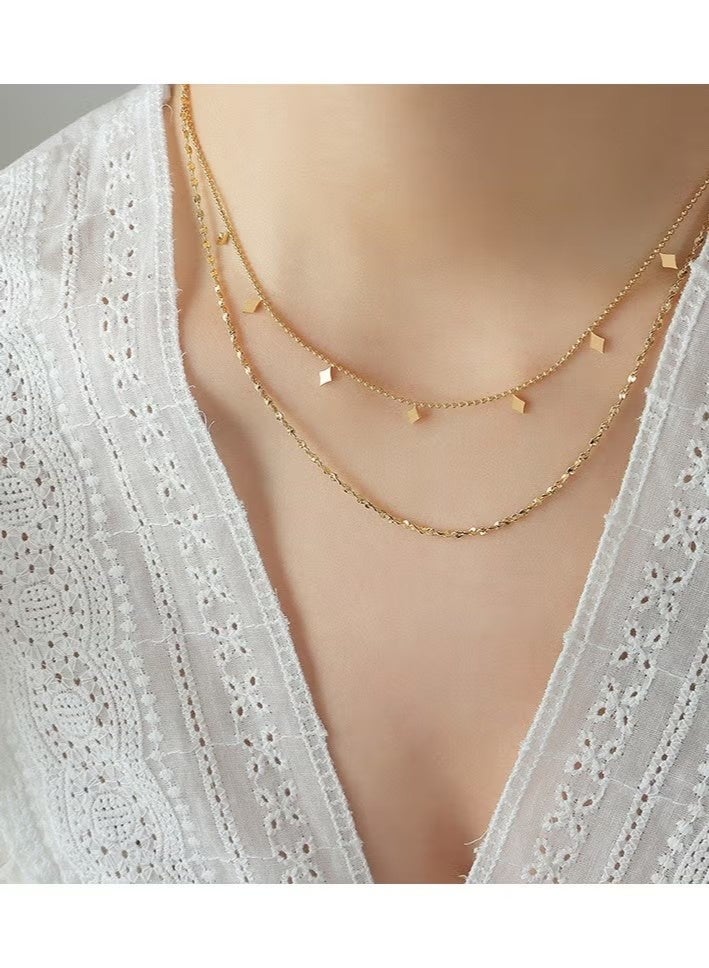 طقم قلادة نسائية من الفولاذ المقاوم للصدأ مطلية بالذهب، لون مزدوج، متعددة الطبقات، مزينة بشرابة مرصعة بالألماس. - Image 1