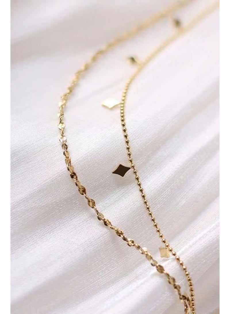 طقم قلادة نسائية من الفولاذ المقاوم للصدأ مطلية بالذهب، لون مزدوج، متعددة الطبقات، مزينة بشرابة مرصعة بالألماس. - Image 5