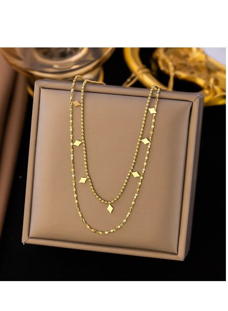 طقم قلادة نسائية من الفولاذ المقاوم للصدأ مطلية بالذهب، لون مزدوج، متعددة الطبقات، مزينة بشرابة مرصعة بالألماس. - Image 3