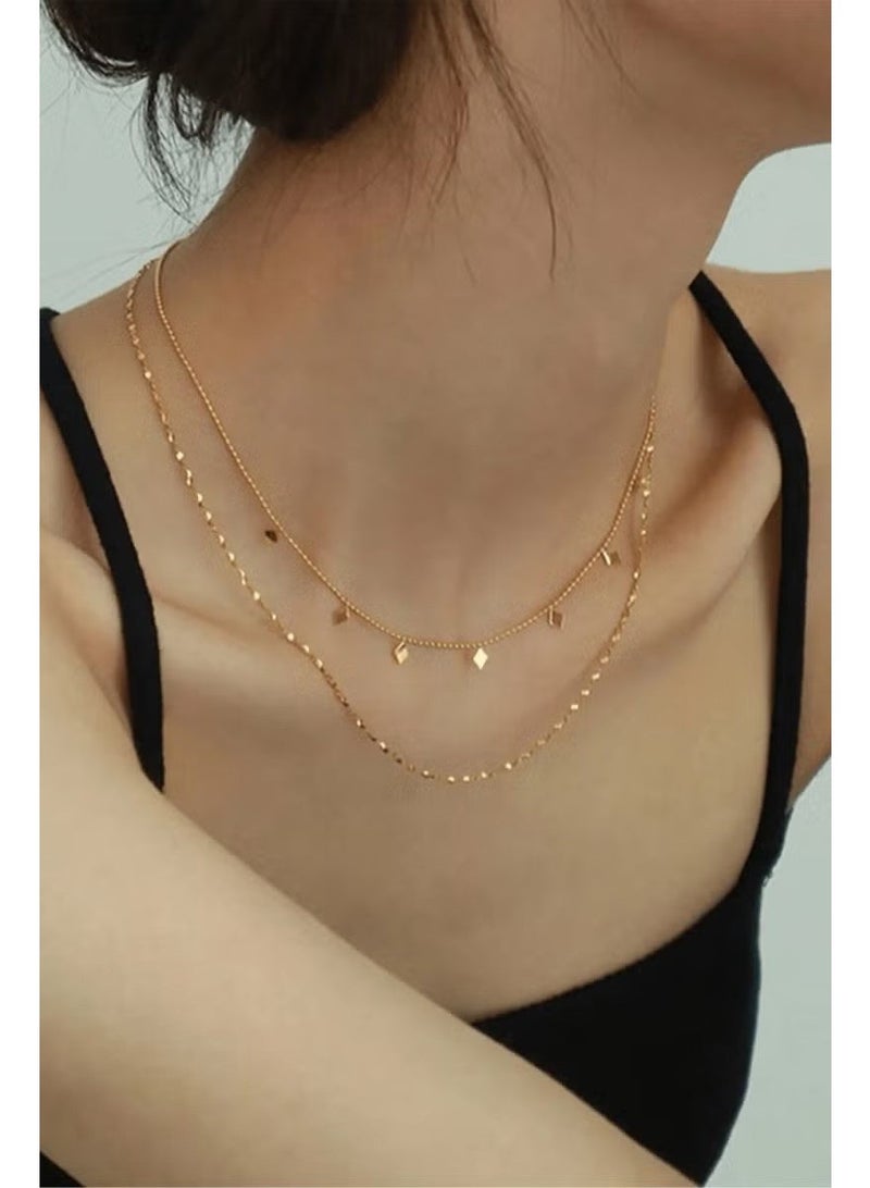 طقم قلادة نسائية من الفولاذ المقاوم للصدأ مطلية بالذهب، لون مزدوج، متعددة الطبقات، مزينة بشرابة مرصعة بالألماس. - Image 2