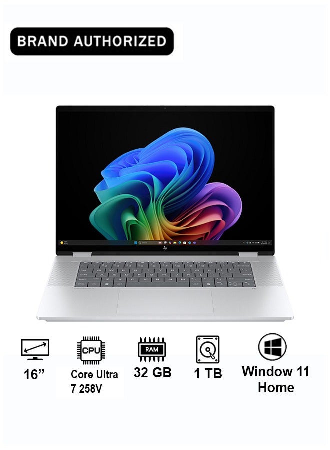 HP OmniBook X Flip 16-as0001ne (Intel Core Ultra 7 258V / 32GB RAM / 1TB SSD / Intel Arc Graphics / 16" 3K Touchscreen / Windows 11,Silver,CZ2H2EA Glacier silver aluminum - Image 1
