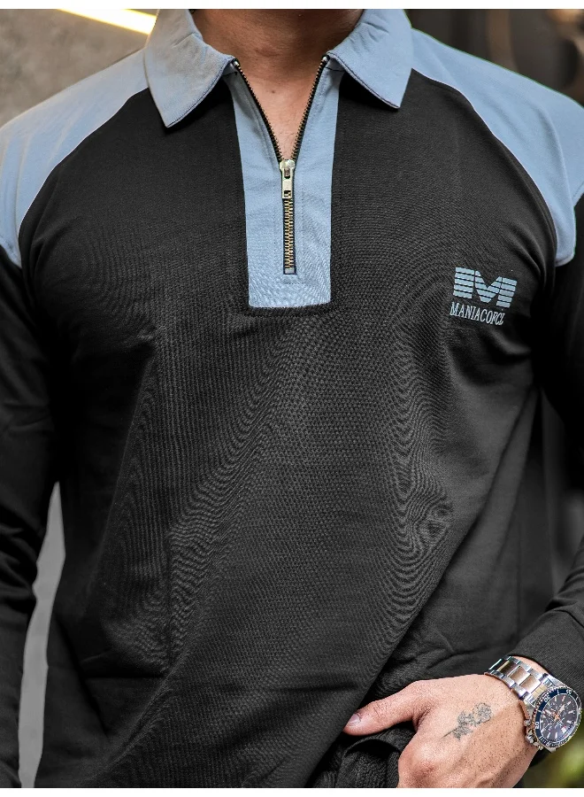 مانياك Mens Half Zip Printed Polo Neck Full Sleeve Black and Light Grey Oversized T-Shirt