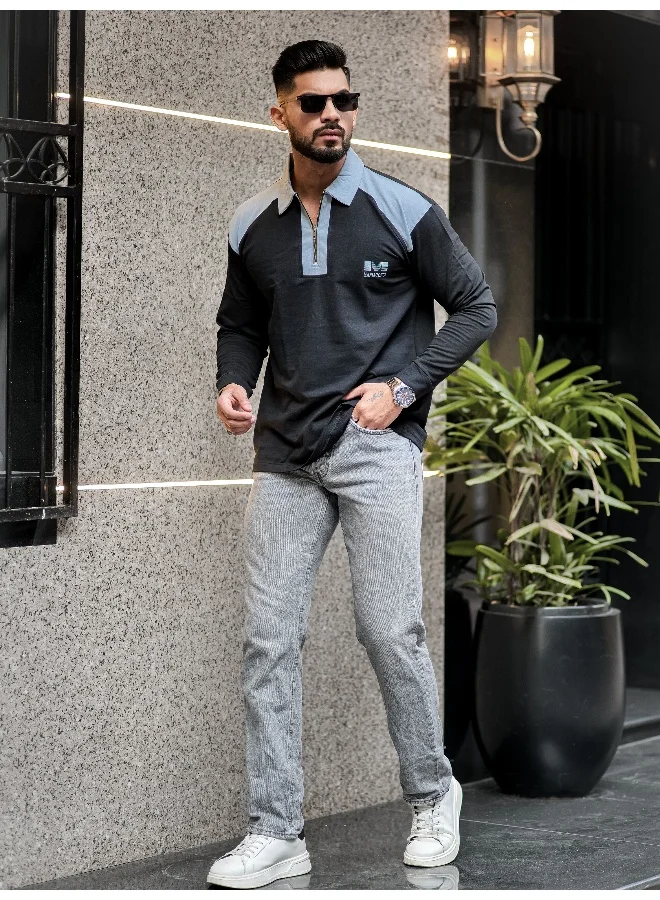 مانياك Mens Half Zip Printed Polo Neck Full Sleeve Black and Light Grey Oversized T-Shirt