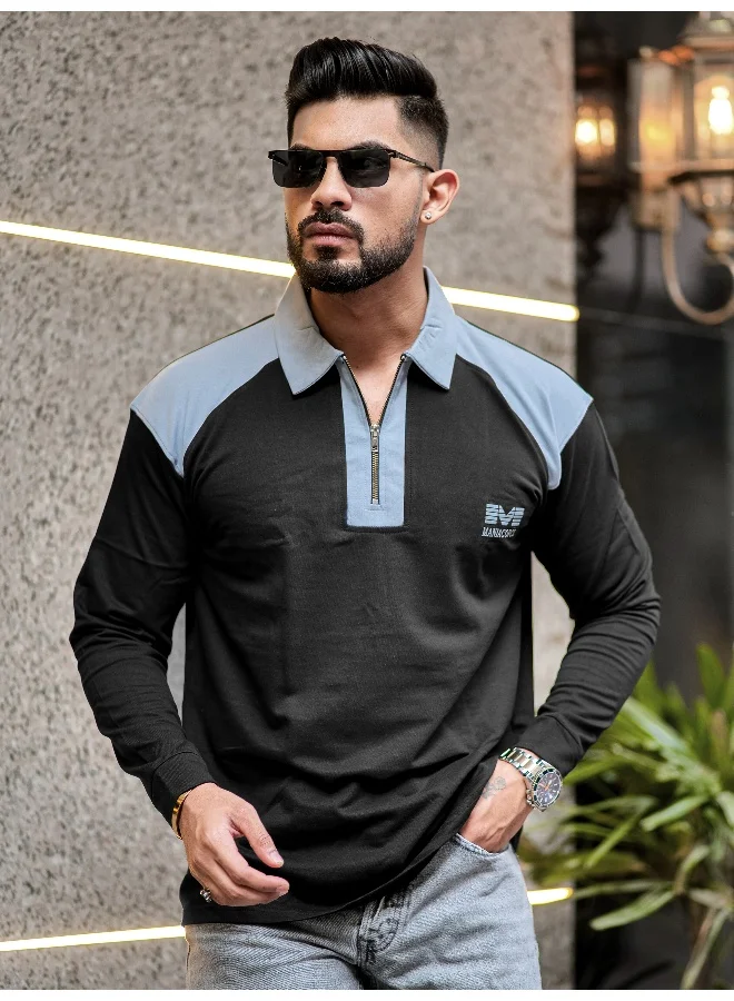 مانياك Mens Half Zip Printed Polo Neck Full Sleeve Black and Light Grey Oversized T-Shirt