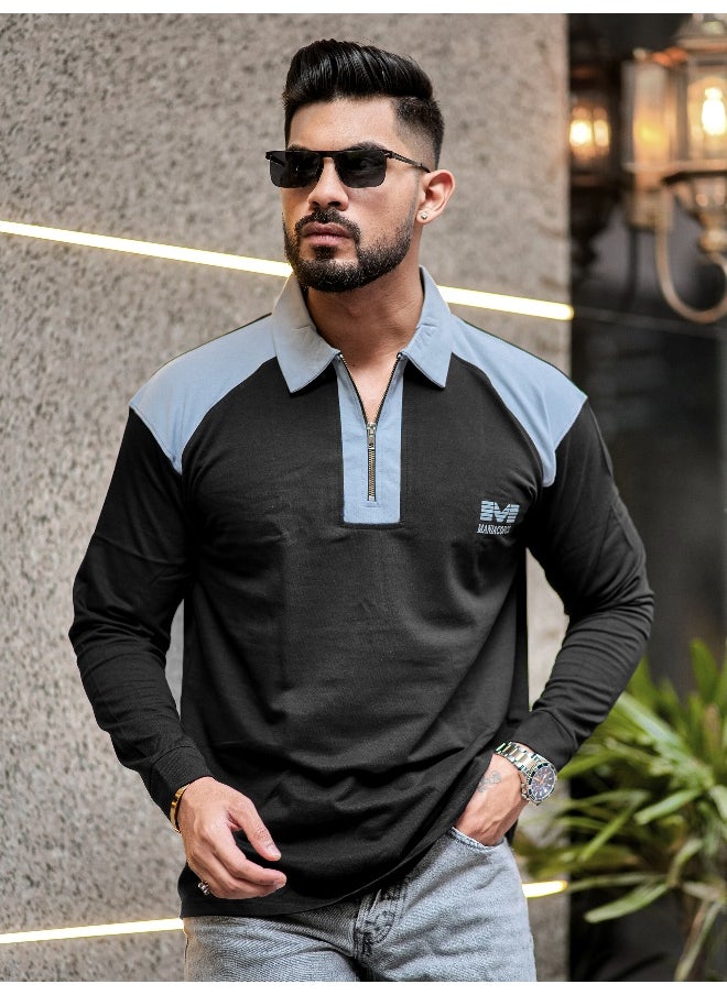 Maniac Mens Half Zip Printed Polo Neck Full Sleeve Black and Light Grey Oversized T-Shirt  - Image 3