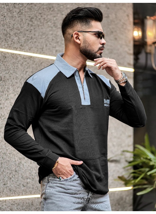 Maniac Mens Half Zip Printed Polo Neck Full Sleeve Black and Light Grey Oversized T-Shirt  - Image 2