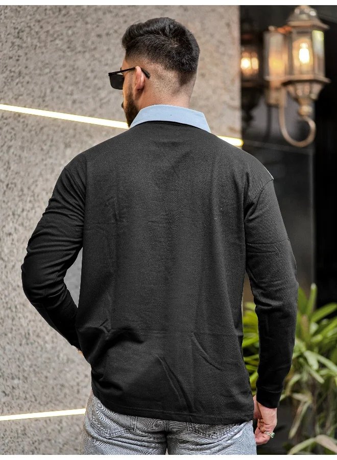 مانياك Mens Half Zip Printed Polo Neck Full Sleeve Black and Light Grey Oversized T-Shirt