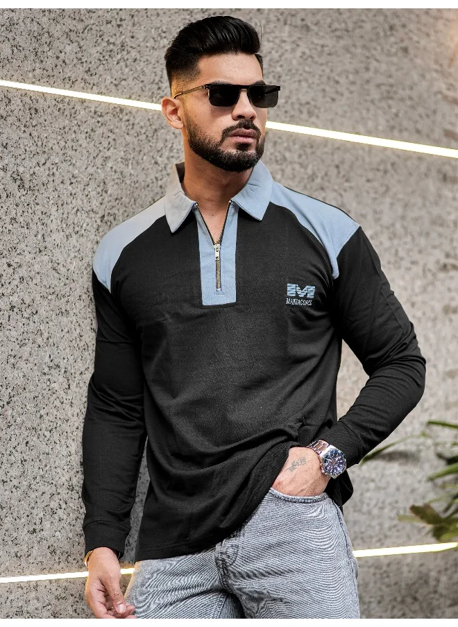 Maniac Mens Half Zip Printed Polo Neck Full Sleeve Black and Light Grey Oversized T-Shirt