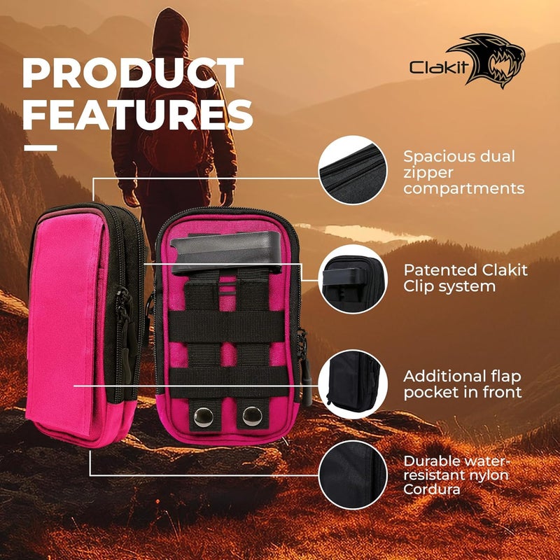 Clakit XL Strap Pack Travel Pouch, Double Zipper Passport Holder - Multi Pocket Organizer Cellphone Pouch with Clip, Backpack Accessories for Everyday Carry Hiking Travel Wallet - Pink - Image 2