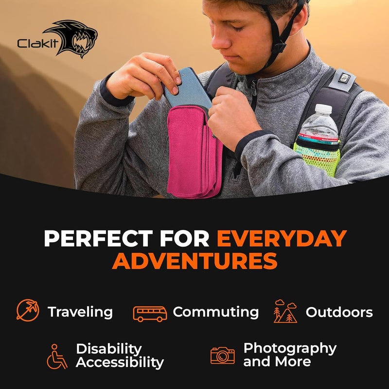 Clakit XL Strap Pack Travel Pouch, Double Zipper Passport Holder - Multi Pocket Organizer Cellphone Pouch with Clip, Backpack Accessories for Everyday Carry Hiking Travel Wallet - Pink - Image 5