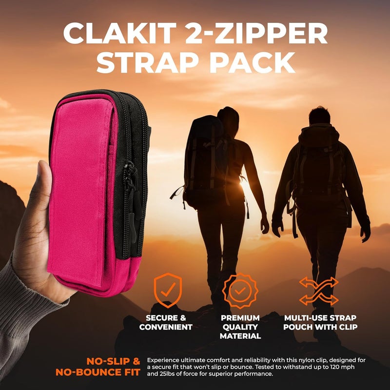 Clakit XL Strap Pack Travel Pouch, Double Zipper Passport Holder - Multi Pocket Organizer Cellphone Pouch with Clip, Backpack Accessories for Everyday Carry Hiking Travel Wallet - Pink - Image 3