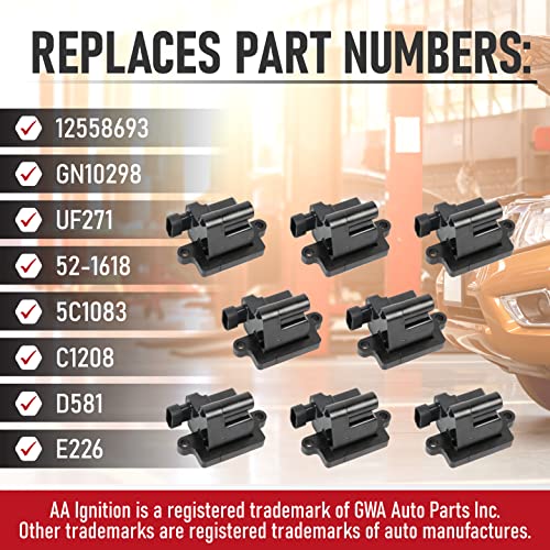 AA Ignition Ignition Coil Pack Set of 8 - Replaces 12558693, GN10298, C1208, D581 - Compatible with Cadillac, Chevy & GMC - Escalade, Silverado, Avalanche, Express 3500, Suburban, Tahoe, Sierra, Savana, Yukon - Image 3