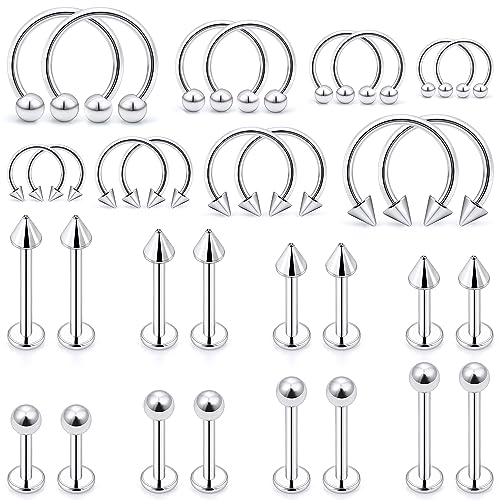 Ftovosyo Lip Rings 32PCS Labret Jewelry Monroe Lip Barbell Ring Snake Bite Piercing Jewelry 16G Helix Earring Daith Tragus Cartilage Studs Surgical Steel Piercing Jewelry for Women Men - Image 1
