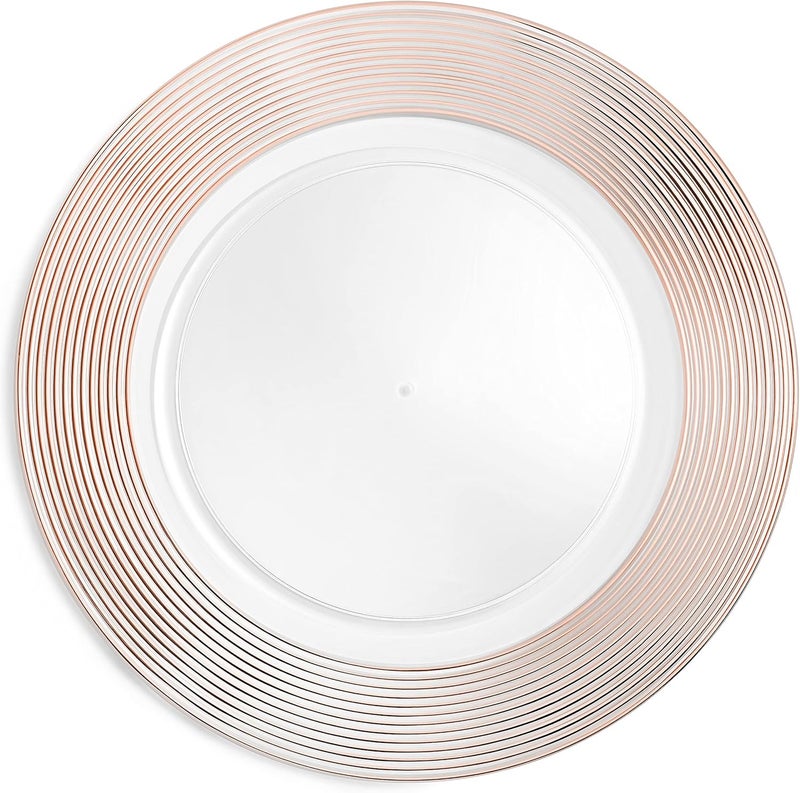 CHATEAU FINE TABLEWARE Rose Gold Charger Plates 13 Set of 6 Dinner Service Plates for Parties Weddings Thanksgiving New Years Eve Celebrations Clear Plastic Disposable Reusable Chargers Dinner Plates - Image 1