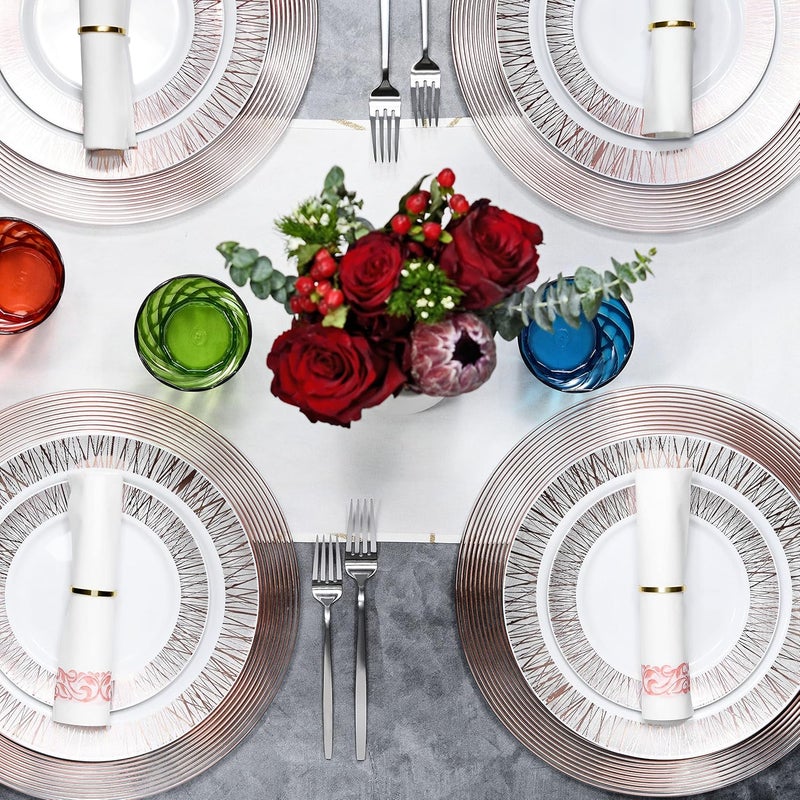 CHATEAU FINE TABLEWARE Rose Gold Charger Plates 13 Set of 6 Dinner Service Plates for Parties Weddings Thanksgiving New Years Eve Celebrations Clear Plastic Disposable Reusable Chargers Dinner Plates - Image 5