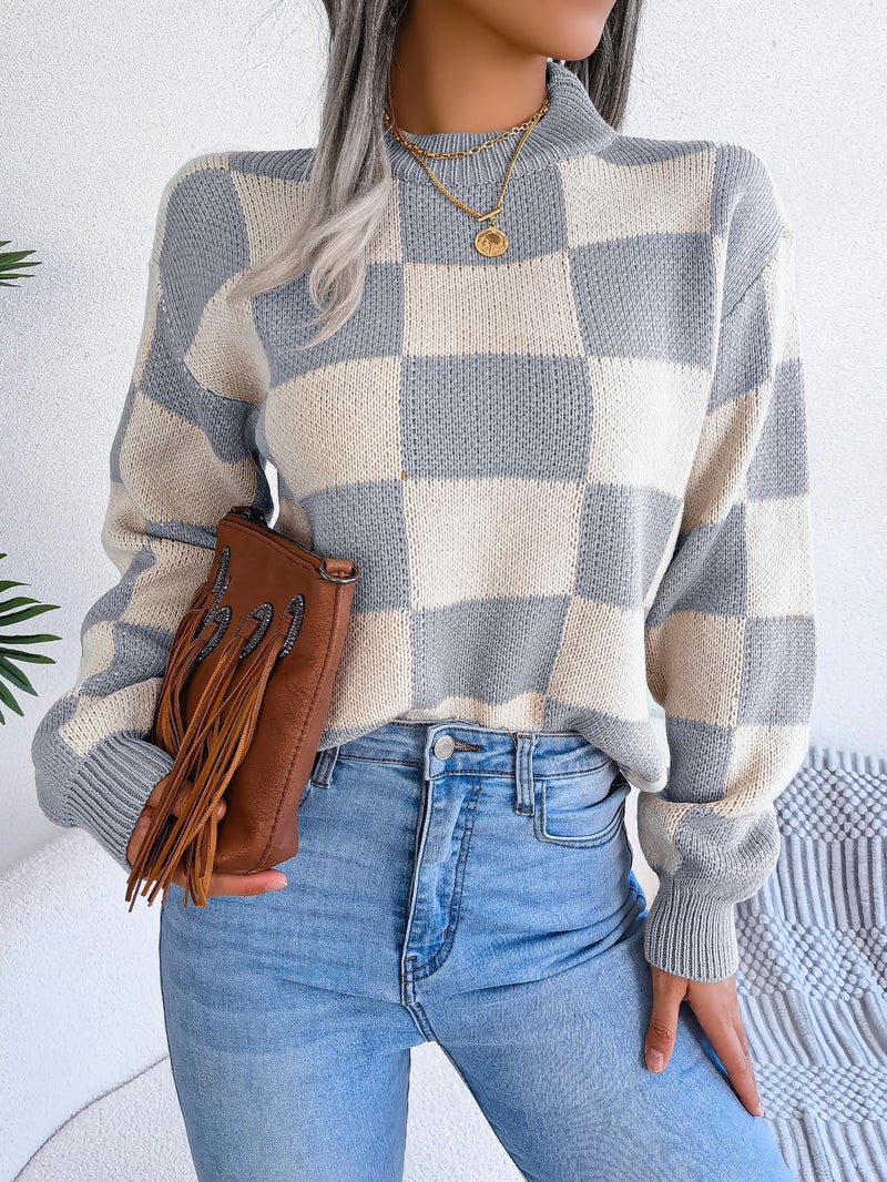 Sumleno Women's Color Block Checkered Crew Neck Long Sleeve Y2K Plaid Knitted Pullover Sweater Tops Vintage Preppy Style Knitwear (Gray,M) - Image 2