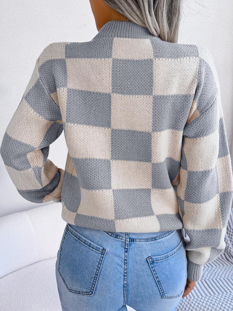 Sumleno Women's Color Block Checkered Crew Neck Long Sleeve Y2K Plaid Knitted Pullover Sweater Tops Vintage Preppy Style Knitwear (Gray,M) - Image 4