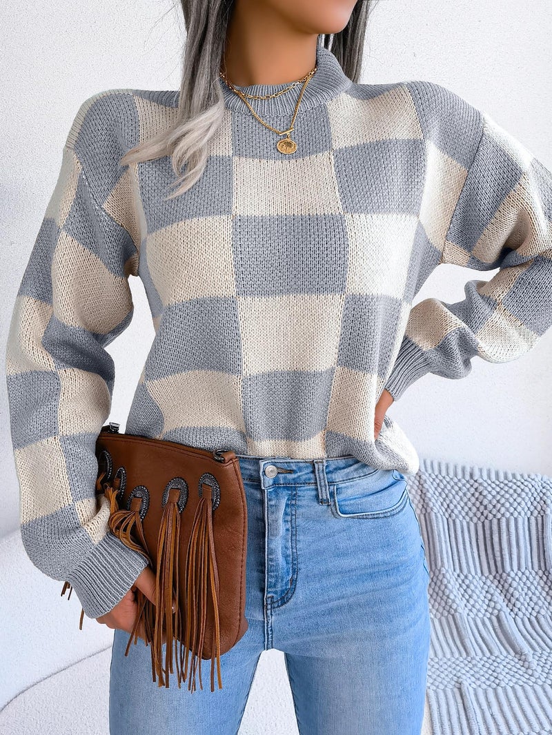 Sumleno Women's Color Block Checkered Crew Neck Long Sleeve Y2K Plaid Knitted Pullover Sweater Tops Vintage Preppy Style Knitwear (Gray,M) - Image 3