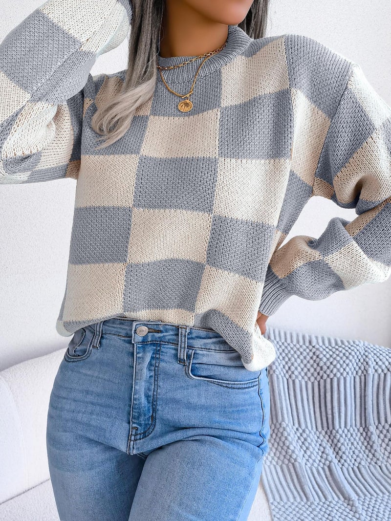 Sumleno Women's Color Block Checkered Crew Neck Long Sleeve Y2K Plaid Knitted Pullover Sweater Tops Vintage Preppy Style Knitwear (Gray,M) - Image 5