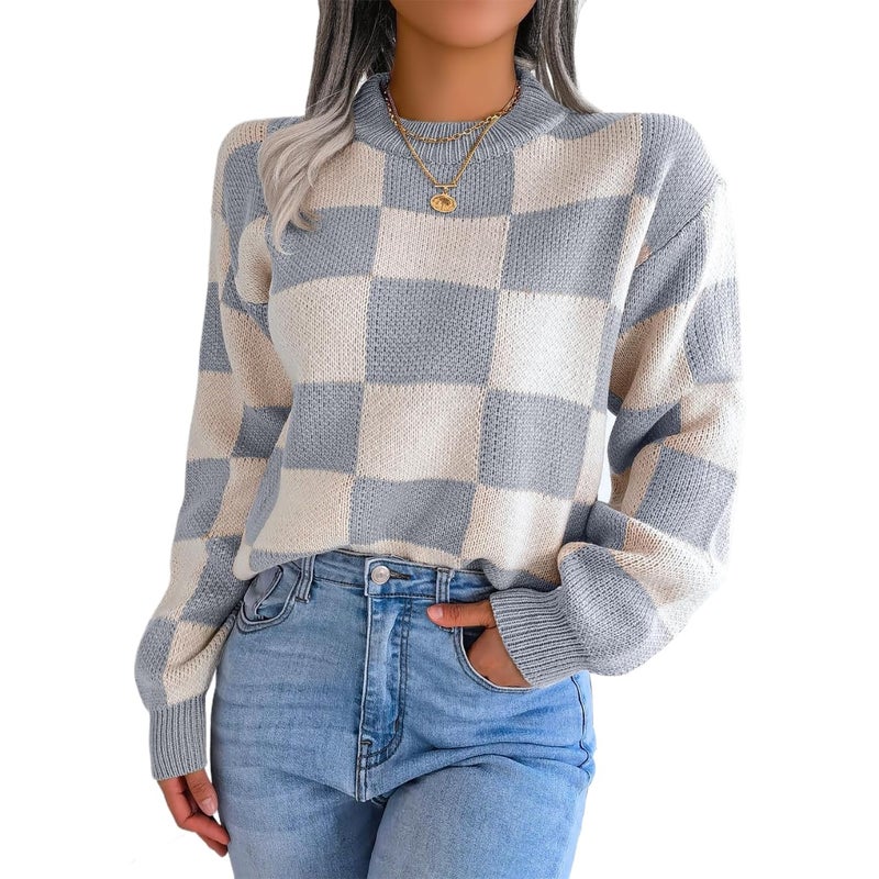 Sumleno Women's Color Block Checkered Crew Neck Long Sleeve Y2K Plaid Knitted Pullover Sweater Tops Vintage Preppy Style Knitwear (Gray,M) - Image 1
