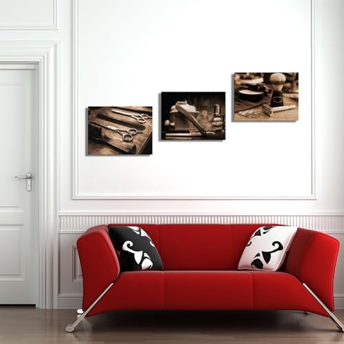 Derkymo Vintage Barber Shop Framed Wall Art Barber Scissors Painting Canvas Prints Hairdresser Haircut Tools Pictures Artwork for Gallery Wrap Salon Decorative 12"x16"x3 Pieces - Image 2