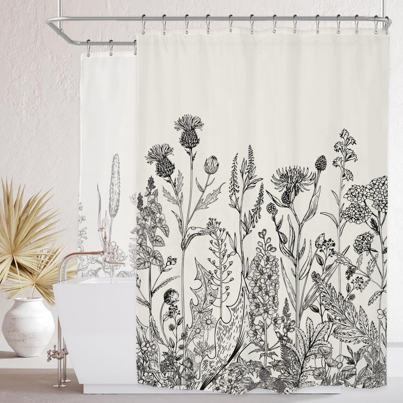 Riyidecor Clawfoot Tub Extra Wide Shower Curtain 180Wx72H Inch Flower Wrap All Around Circular Round Floral Wildflower Botanical Plants Herbs Decor Bathroom Polyester Waterproof Metal Hooks 32 Pack