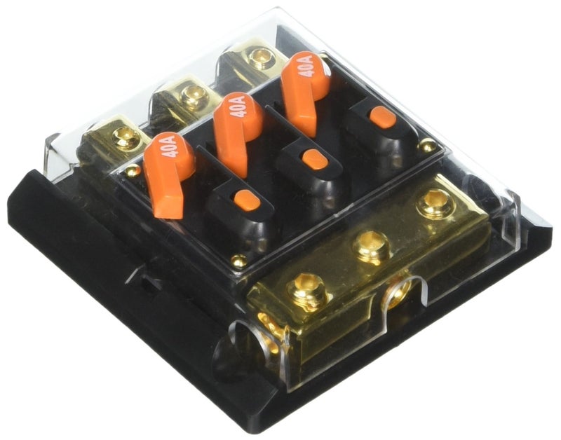 Pyle PLDS30 Triple 40 Amp InLine Circuit Breaker Power Distribution Block with 3 In 4 Gauge 3 Out 8 Gauge Connections Allen Screw Terminals BuiltIn Breaker