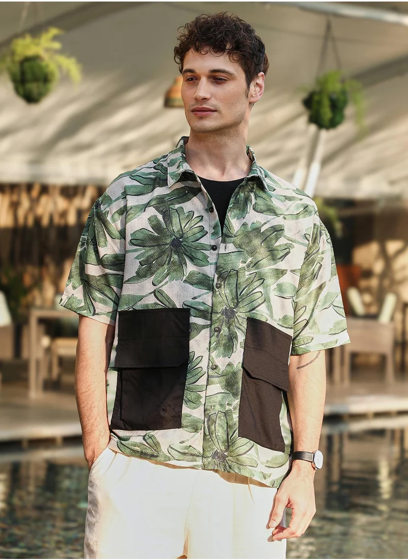 Campus Sutra Men's Jungle Green & Ivory White Flora-Stroke Oversized Shirt