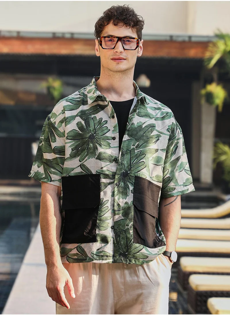 Campus Sutra Men's Jungle Green & Ivory White Flora-Stroke Oversized Shirt