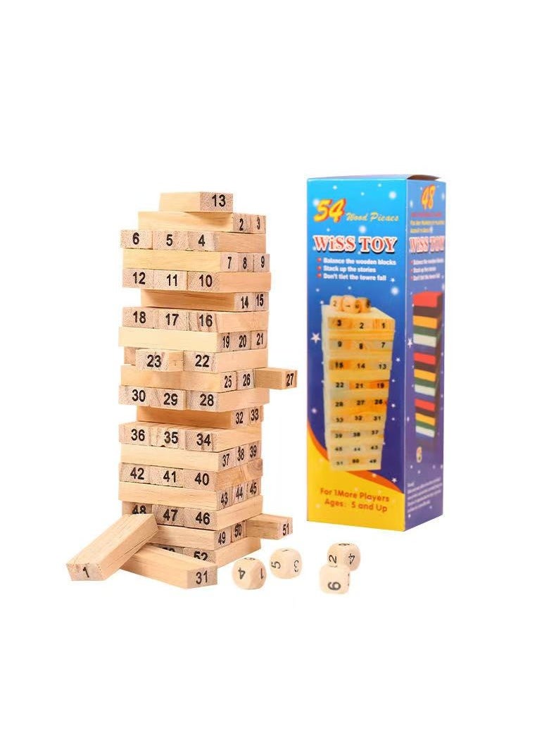 54 stacked wooden blocks suitable for kindergartens, family entertainment, and party games of all ages. Wooden classic non-toxic and environmentally friendly digital stacked block set  - Image 1