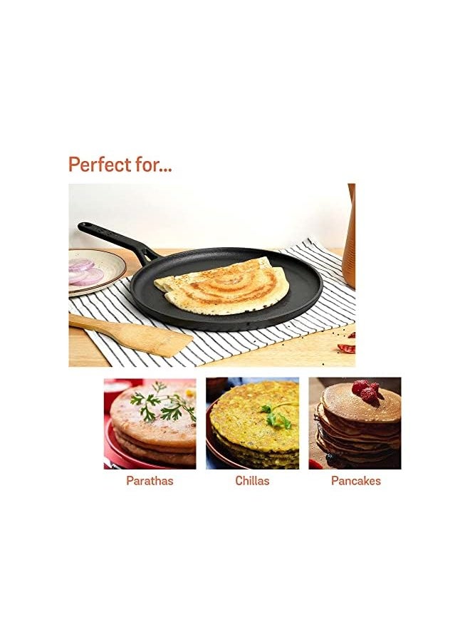 MEYER - Pre-Seasoned Cast Iron Flat Dosa/Roti/Chapati Tawa Pan with Stick Handle, Dosa Kallu, Small Size | Cookware Gas and Induction Compatible 24cm, Black - Image 1
